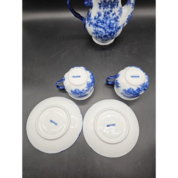 Flow Blue Ironstone Floral Teapot No Lid And Pair Of Teacups W/ Saucers Vintage - Picture 6 of 16